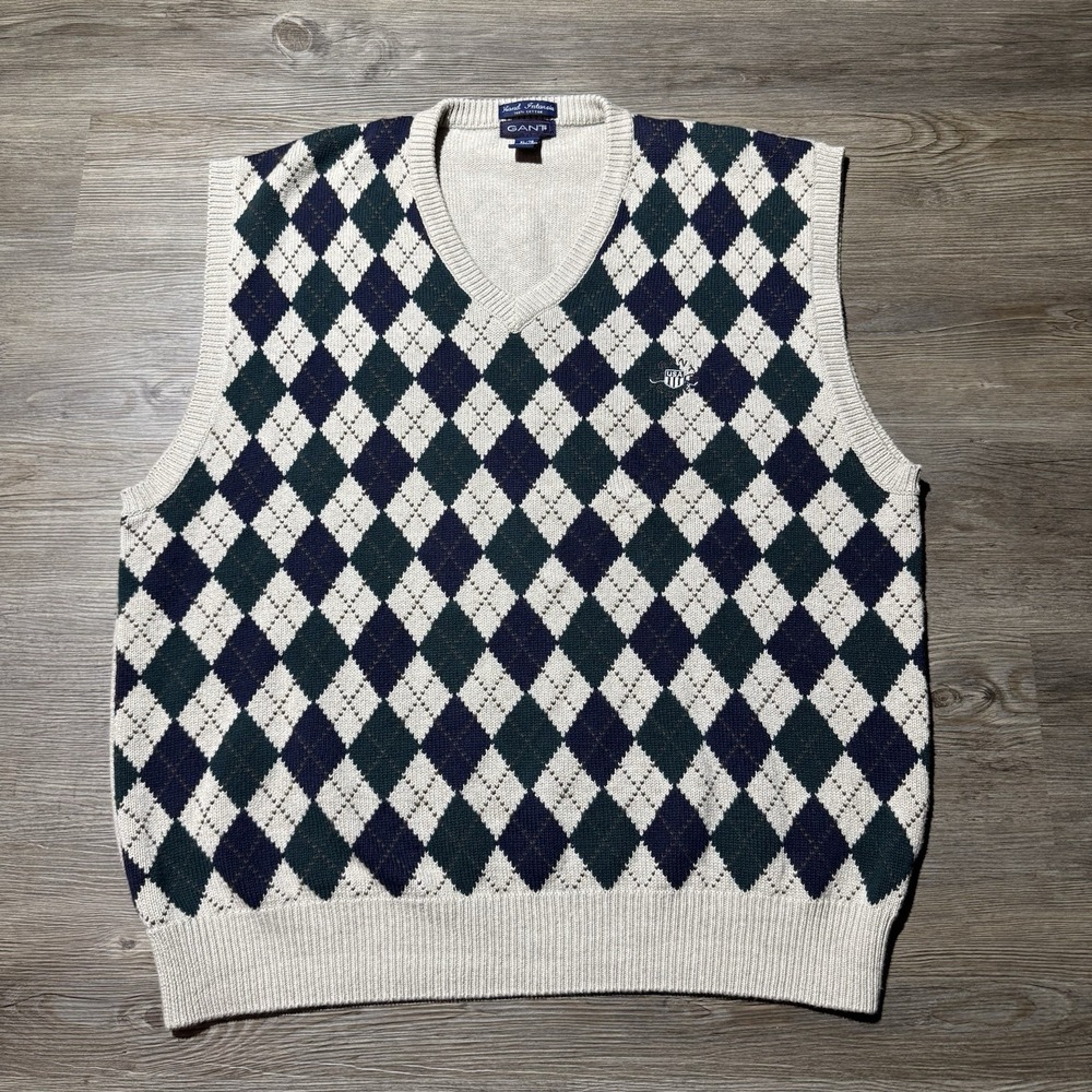GANT Hand Intarsia Argyle Sweater Vest Men's XL 100% Cotton V Neck Knit